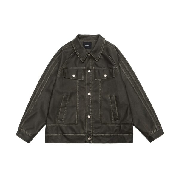 American Retro Distressed Lapel PU Leather For Men And Women Biker's Leather Jacket - Image 7