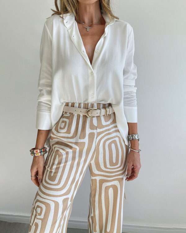 Women's Casual Long-sleeved Lapel Shirt Printed Wide-leg Pants Suit - Image 10