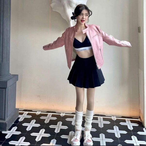 Women's Short Pink Zipper Stitching Leather Coat - Image 10