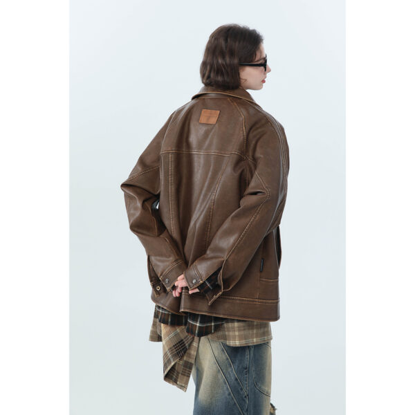 American Retro Distressed Lapel PU Leather For Men And Women Biker's Leather Jacket - Image 4