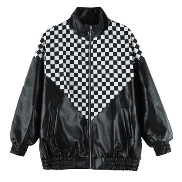 Black And White Plaid Stitching Leather Jacket PU - Image 2