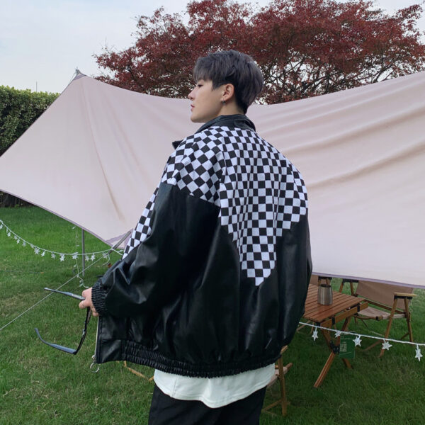 Black And White Plaid Stitching Leather Jacket PU - Image 3