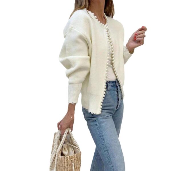 Women's Autumn New Round Neck Pearl Long Sleeve Black Cardigan Coat - Image 5