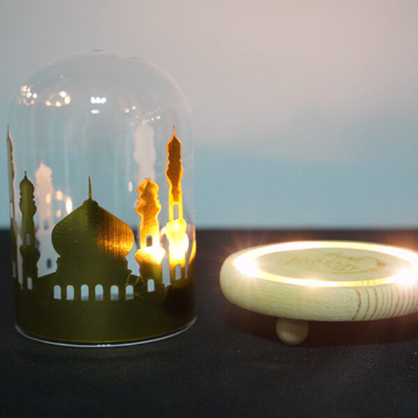 Ramadan Mosque Night Light Glass Cover Wooden Base Decoration - Image 3