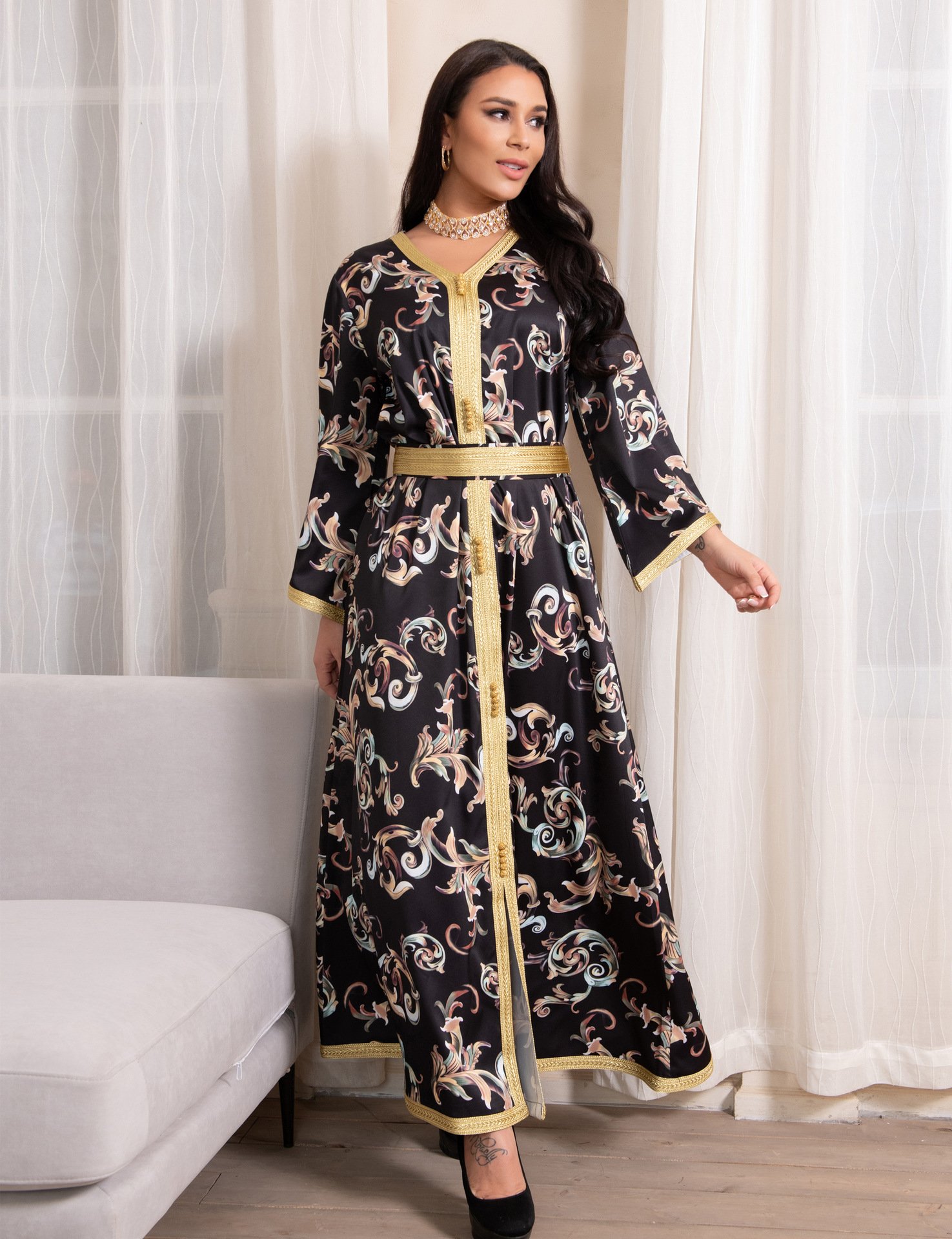 Printed Long Belt Dress Ramadan New Dubai Muslim Women Printed Long Belt Dress Ramadan New Dubai Muslim Women