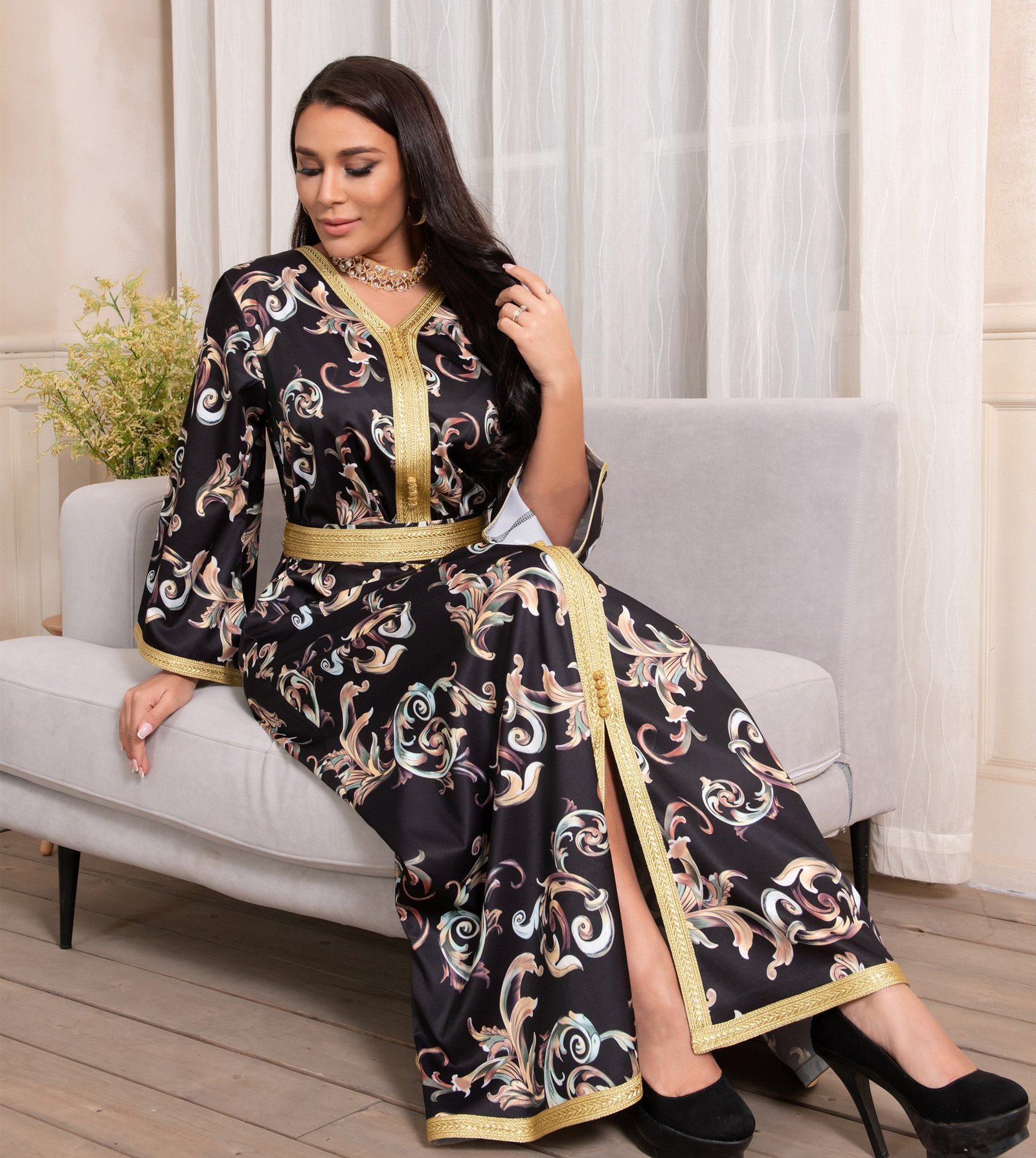Printed Long Belt Dress Ramadan New Dubai Muslim Women Printed Long Belt Dress Ramadan New Dubai Muslim Women - Image 3