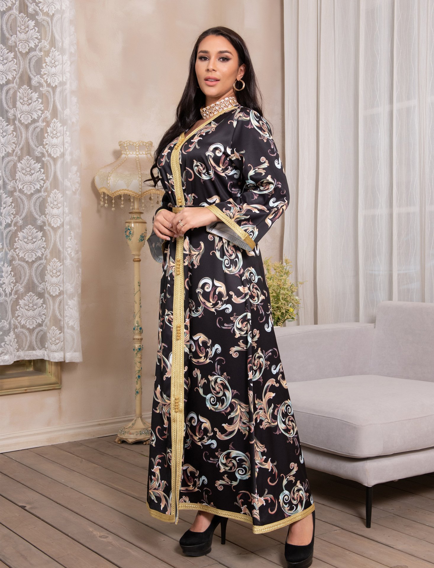 Printed Long Belt Dress Ramadan New Dubai Muslim Women Printed Long Belt Dress Ramadan New Dubai Muslim Women - Image 2