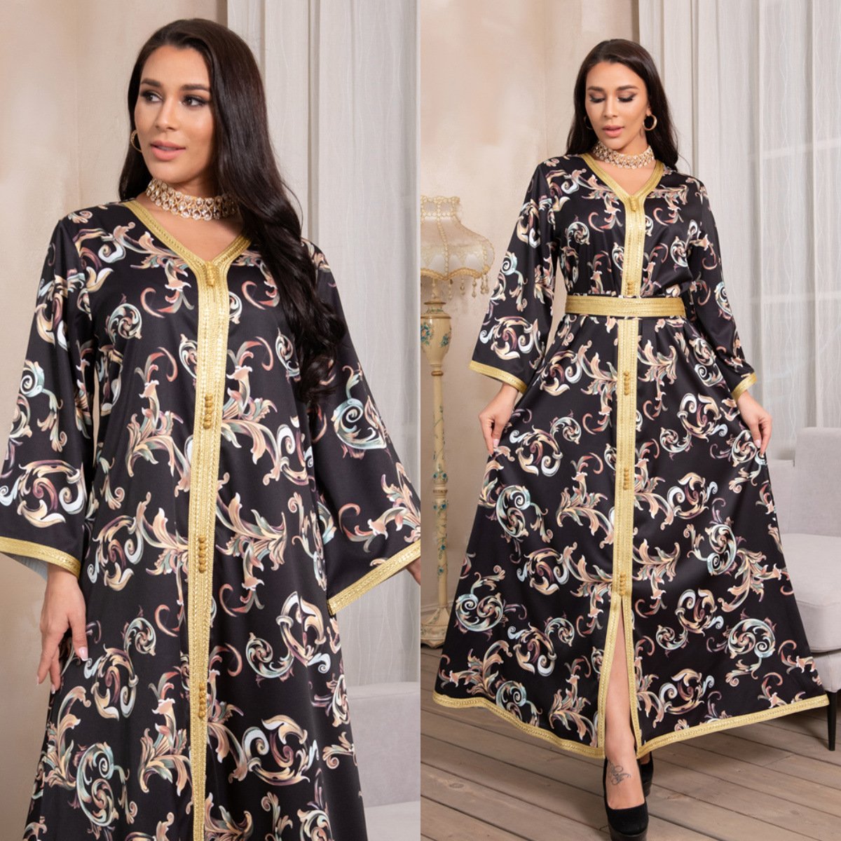 Printed Long Belt Dress Ramadan New Dubai Muslim Women Printed Long Belt Dress Ramadan New Dubai Muslim Women - Image 4