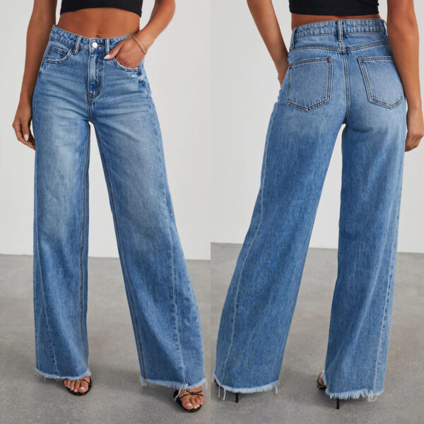 Women's Loose Wide-leg Side Seam Stitching Frayed Hem Jeans - Image 2