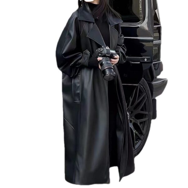Women's Fashionable Temperament Long Knee Length PU Leather Coat - Image 5