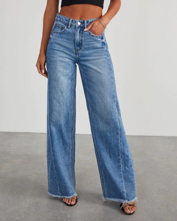 Women's Loose Wide-leg Side Seam Stitching Frayed Hem Jeans - Image 6