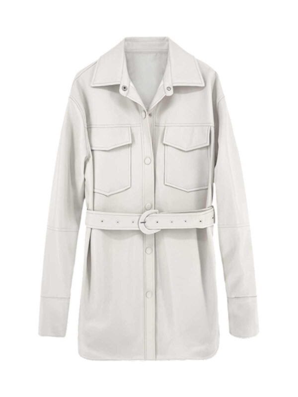 Retro White Shirt Leather Coat Women's Mid-length Cinched Blouse - Image 6