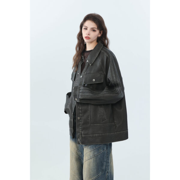 American Retro Distressed Lapel PU Leather For Men And Women Biker's Leather Jacket - Image 2