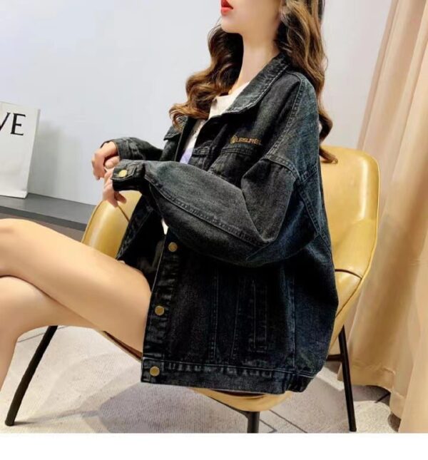 Loose Embroidered Lettered Black Denim Jacket Slimming Jacket Coat For Women - Image 3