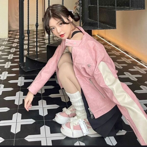 Women's Short Pink Zipper Stitching Leather Coat - Image 6