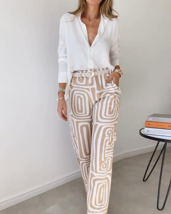 Women's Casual Long-sleeved Lapel Shirt Printed Wide-leg Pants Suit - Image 7
