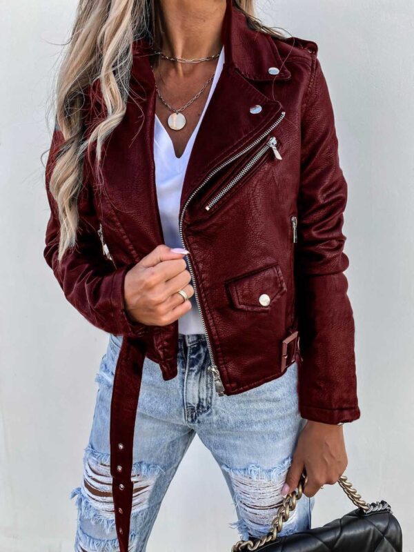 Jacket Top PU Leather Coat Short Zipper - Image 4