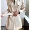 Retro White Shirt Leather Coat Women's Mid-length Cinched Blouse - Image 3