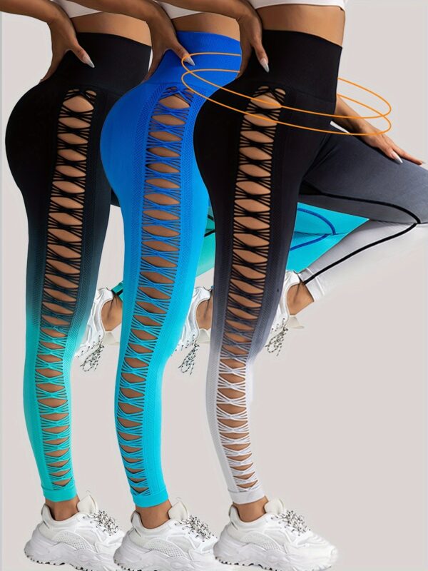 3 Pack Women's Gradient Color Butterfly Hollow High Waist Butt Lifting Long Fitness Pants, Seamless Leggings For Women High Waist Yoga Pants, Scrunch Butt Lifting Elastic Tights - Image 3