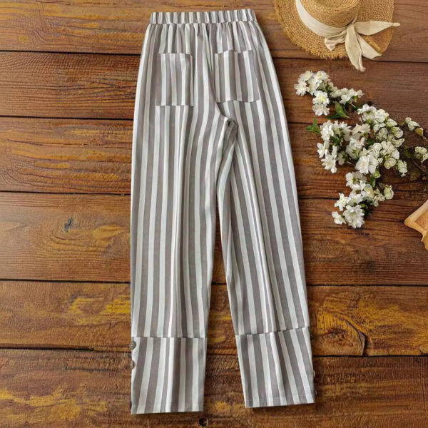Women's Casual Striped Trousers With Decorative Buttons - Image 2
