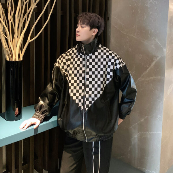 Black And White Plaid Stitching Leather Jacket PU - Image 5