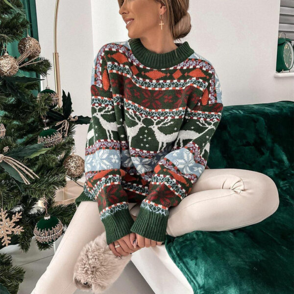 Women's Fashion Round Neck Loose Christmas Theme Jacquard Long Sleeve Sweater - Image 7