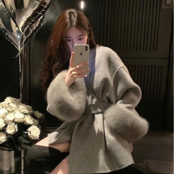 Cuff Detachable Fox Fur Elegant Double-sided Cashmere Coat - Image 2