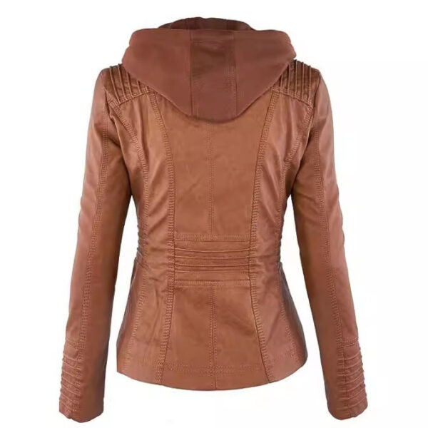 Women's Detachable Lapel Long Sleeve Solid Color Zipper Leather Jacket Coat - Image 4