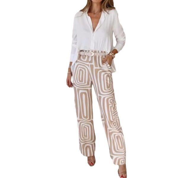 Women's Casual Long-sleeved Lapel Shirt Printed Wide-leg Pants Suit - Image 2