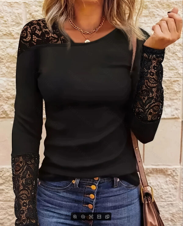 European And American Fashion Casual Solid Color Slim Lace Hollow Long Sleeve T-shirt - Image 4