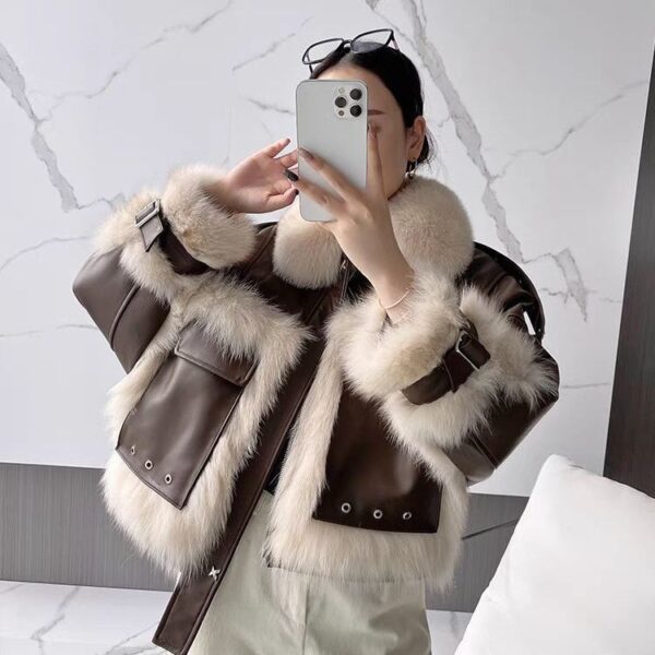 Sense Fox Fur Stitching Leather Coat - Image 6