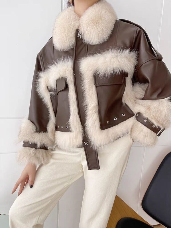 Sense Fox Fur Stitching Leather Coat - Image 8