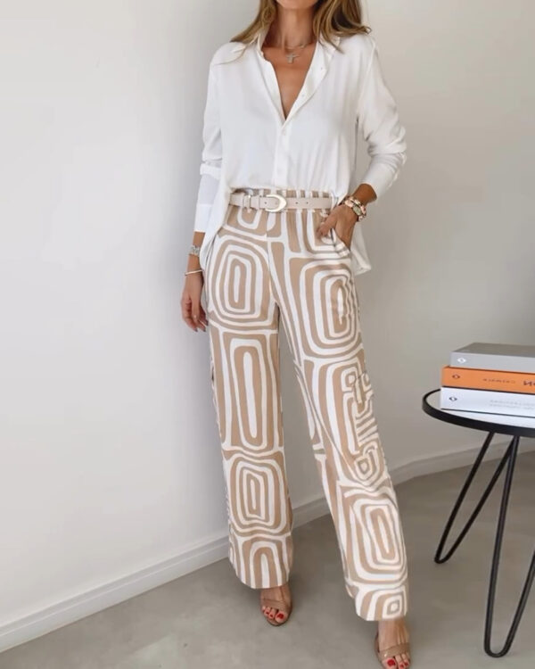 Women's Casual Long-sleeved Lapel Shirt Printed Wide-leg Pants Suit - Image 3