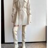 Retro White Shirt Leather Coat Women's Mid-length Cinched Blouse - Image 5