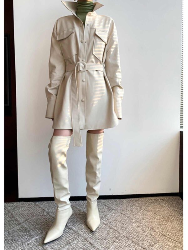 Retro White Shirt Leather Coat Women's Mid-length Cinched Blouse - Image 5