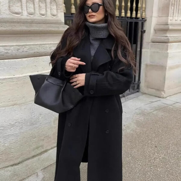 Loose Double Buckle Lapel Long Overcoat Outerwear - Image 3