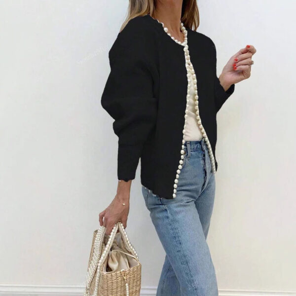 Women's Autumn New Round Neck Pearl Long Sleeve Black Cardigan Coat - Image 3
