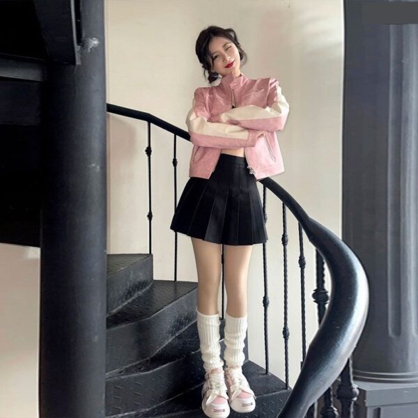 Women's Short Pink Zipper Stitching Leather Coat - Image 7