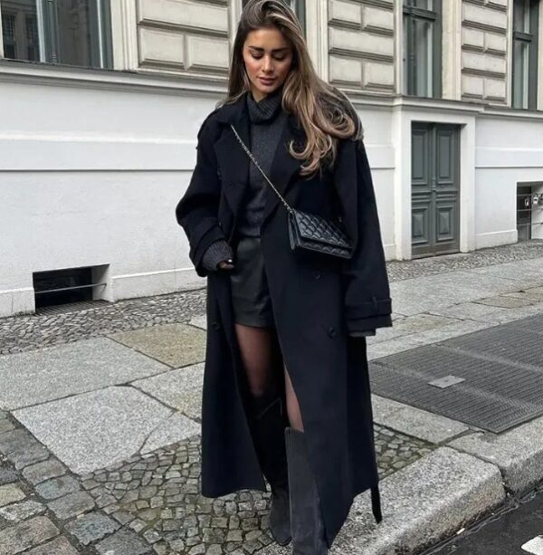 Loose Double Buckle Lapel Long Overcoat Outerwear - Image 6