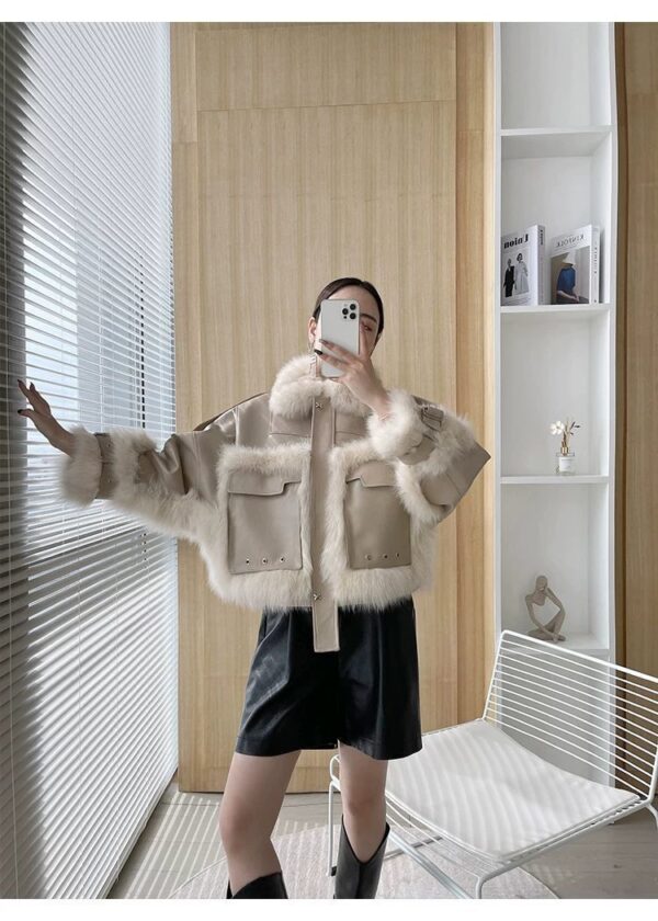 Sense Fox Fur Stitching Leather Coat - Image 9
