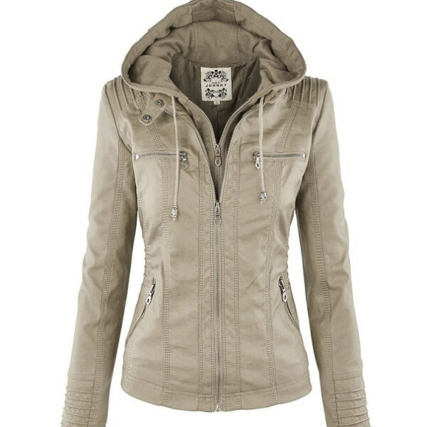 Women's Detachable Lapel Long Sleeve Solid Color Zipper Leather Jacket Coat - Image 7