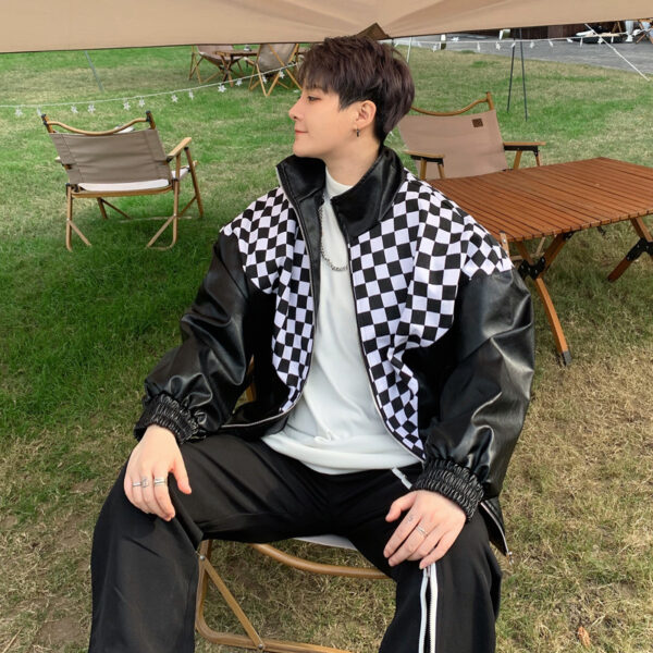 Black And White Plaid Stitching Leather Jacket PU - Image 4