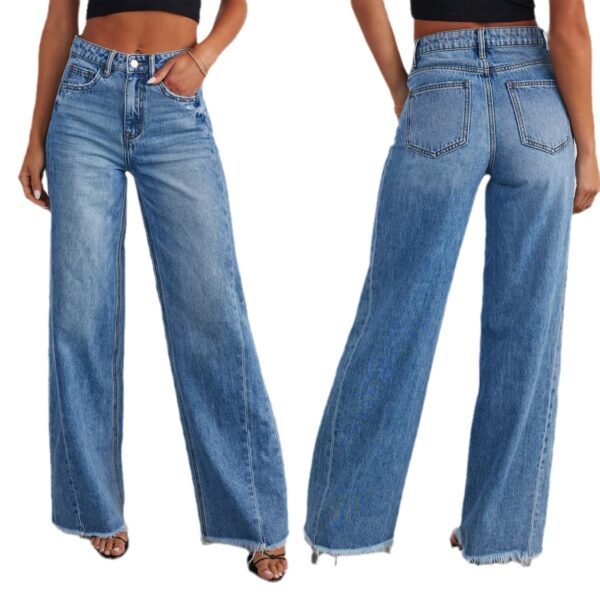 Women's Loose Wide-leg Side Seam Stitching Frayed Hem Jeans - Image 5