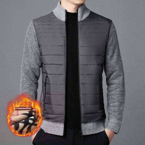 Men's Stand Collar Stitching Velvet Padded Sweater Knitwear Coat - Image 2