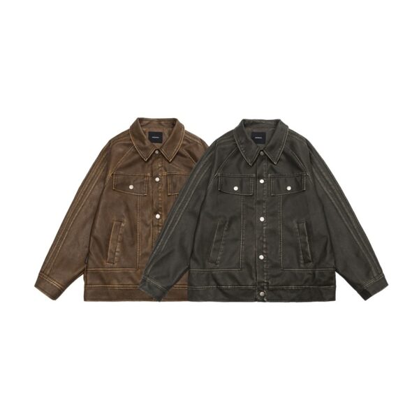 American Retro Distressed Lapel PU Leather For Men And Women Biker's Leather Jacket - Image 5