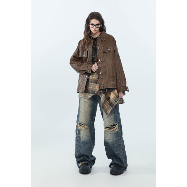 American Retro Distressed Lapel PU Leather For Men And Women Biker's Leather Jacket - Image 3