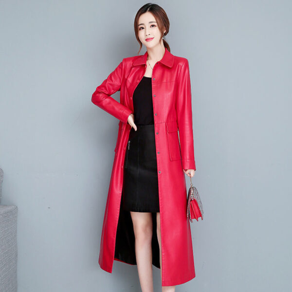 Ladies Fashion Thin Leather Trench Coat Coat - Image 3