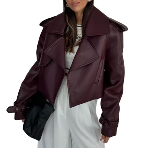 Solid Color Leather Coat Short Loose Design Women's - Image 5