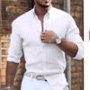 Cotton Linen Long Sleeve Shirt Solid Color Polo Collar Casual Style Shirt - Image 2
