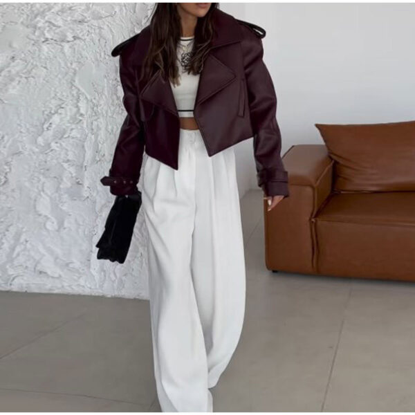 Solid Color Leather Coat Short Loose Design Women's - Image 3